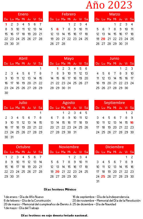 Calendario 2023 México Con Días Festivos Calendario Pro