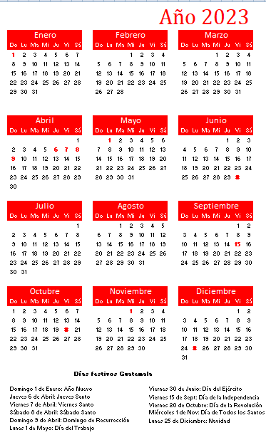 calendario 2023 Guatemala